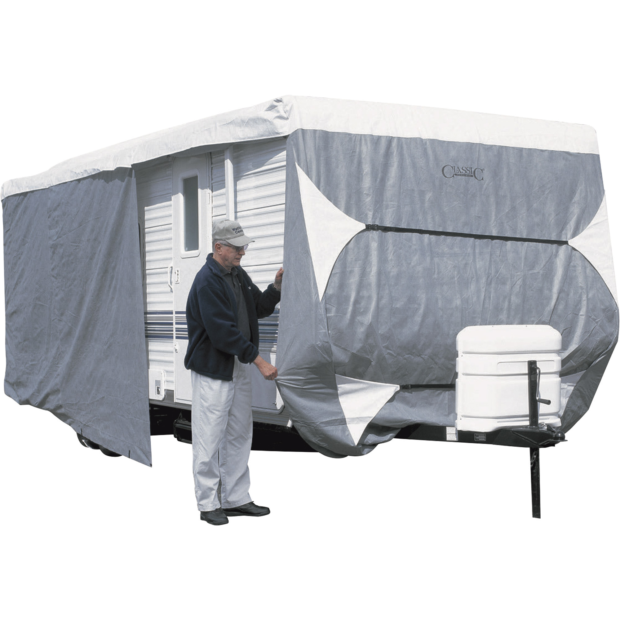 Classic Accessories OverDrive PolyPro 3 Deluxe Travel Trailer Cover, Model 2, Gray and White, Fits 20ft.L-22ft.L x 118in.H RVs